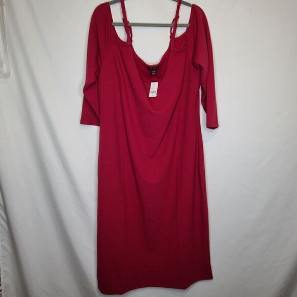 26/28 Lane Bryant Red Ribbed Bodycon Dress Cold Shoulder Date Nght Fitted Scoop - Picture 2 of 6